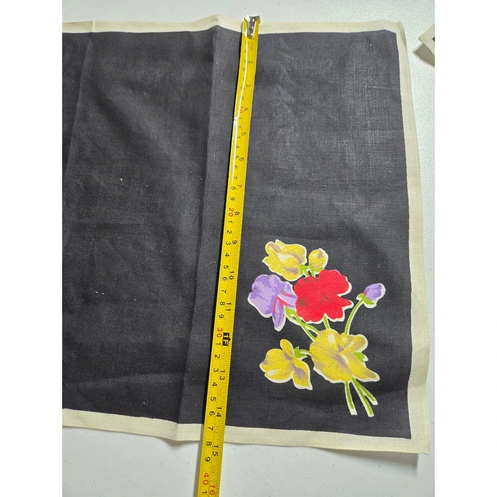 VINTAGE Cloth Napkin Set of 4 Black Floral Print LINEN MCM 15